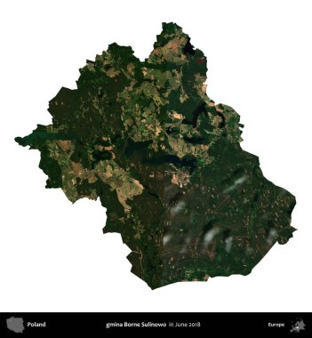 gmina Borne Sulinowo. Polonya idari bölgesi, Haziran 2018 'de çekilen Kopernik Nöbetçi karolarından oluşan bir uydu görüntüsü üzerinde beyaza izole edildi.