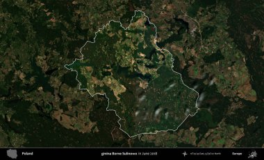 gmina Borne Sulinowo. Polonya 'nın idari alanı, Haziran 2018' de çekilen Kopernik Nöbetçi karolarından oluşan koyu renkli bir uydu görüntüsüyle vurgulandı ve özetlendi