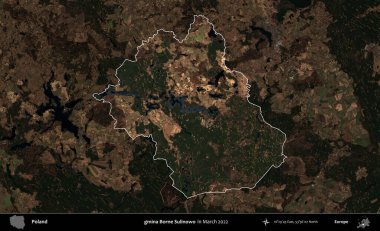 gmina Borne Sulinowo. Polonya 'nın idari alanı, Mart 2022' de çekilen Kopernik Nöbetçi karolarından oluşan koyu renkli bir uydu görüntüsü üzerine vurgulandı ve özetlendi.
