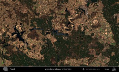 gmina Borne Sulinowo. Copernicus Sentinel 'in Mart 2022' de çekilmiş uydu görüntüsü üzerine Polonya 'nın idari bölgesi.