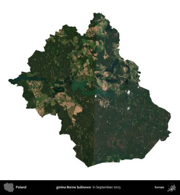 gmina Borne Sulinowo. Polonya idari bölgesi, Eylül 2023 'te çekilen Kopernik Nöbetçi karolarından oluşan bir uydu görüntüsü üzerinde beyaza izole edildi.