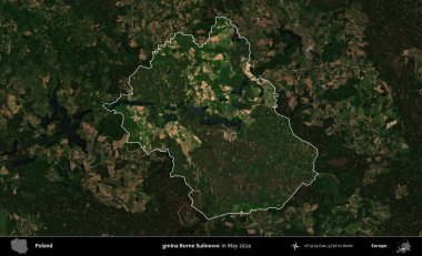 gmina Borne Sulinowo. Polonya 'nın idari alanı, Mayıs 2024' te çekilen Kopernik Nöbetçi karolarından oluşan koyu renkli bir uydu görüntüsü üzerinde vurgulandı ve özetlendi.