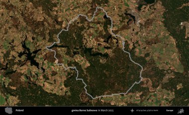 gmina Borne Sulinowo. Polonya 'nın idari bölgesinin ana hatları, Mart 2025' te çekilen Kopernik Nöbetçi karolarından oluşan bir uydu görüntüsü üzerine çizildi.