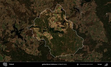 gmina Borne Sulinowo. Polonya 'nın idari alanı, Mart 2025' te çekilen Kopernik Nöbetçi karolarından oluşan koyu renkli bir uydu görüntüsü üzerine vurgulandı ve özetlendi