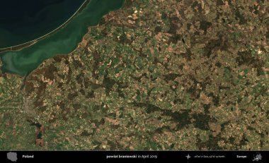 powiat braniewski. Nisan 2019 'da çekilen Kopernik Sentinel karolarından oluşan bir uydu görüntüsü üzerine Polonya' nın idari bölgesi
