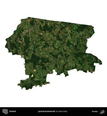 powiat braniewski. Polonya idari bölgesi, Haziran 2019 'da çekilen Kopernik Nöbetçi karolarından oluşan bir uydu görüntüsü üzerinde beyaza izole edildi.