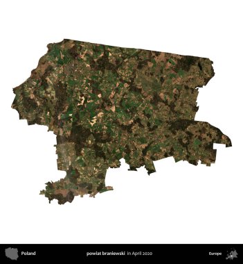 powiat braniewski. Polonya idari bölgesi, Nisan 2020 'de çekilen Kopernik Nöbetçi karolarından oluşan bir uydu görüntüsü üzerinde beyaza izole edildi.