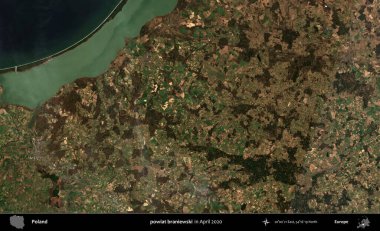 powiat braniewski. Nisan 2020 'de Copernicus Sentinel karolarından oluşan bir uydu görüntüsü üzerine Polonya' nın idari bölgesi