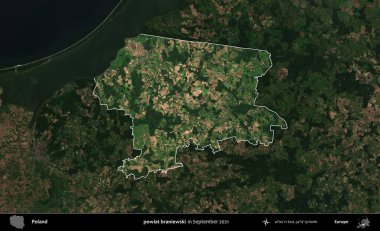 powiat braniewski. Polonya 'nın idari alanı, Eylül 2021' de çekilen Kopernik Nöbetçi karolarından oluşan koyu renkli bir uydu görüntüsü üzerine vurgulandı ve özetlendi