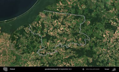 powiat braniewski. Eylül 2021 'de çekilen Copernicus Sentinel karolarından oluşan bir uydu görüntüsü üzerine Polonya' nın idari bölgesinin ana hatlarını belirledik.