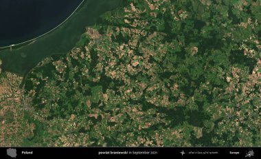 powiat braniewski. Copernicus Sentinel 'in Eylül 2021' de çekilen uydu görüntüsü üzerine Polonya 'nın idari bölgesi