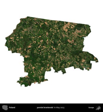 powiat braniewski. Polonya 'nın idari bölgesi, Mayıs 2023' te çekilen Kopernik Nöbetçi Fayanslarından oluşan bir uydu görüntüsüyle beyaza izole edildi.