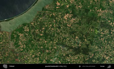 powiat braniewski. Copernicus Sentinel 'in Mayıs 2023' te çekilmiş uydu görüntüsü üzerine Polonya 'nın idari bölgesi.
