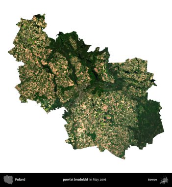 powiat brodnicki. Polonya idari bölgesi, Mayıs 2016 'da çekilen Kopernik Nöbetçi karolarından oluşan uydu görüntüsü üzerinde beyaza izole edildi