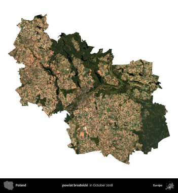 powiat brodnicki. Polonya idari bölgesi, Ekim 2018 'de çekilen Kopernik Nöbetçi karolarından oluşan bir uydu görüntüsü üzerinde beyaza izole edildi.