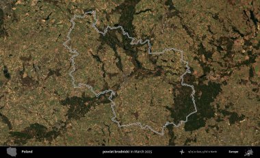 powiat brodnicki. Polonya 'nın idari bölgesinin ana hatları, Mart 2025' te çekilen Kopernik Nöbetçi karolarından oluşan bir uydu görüntüsü üzerine çizildi.