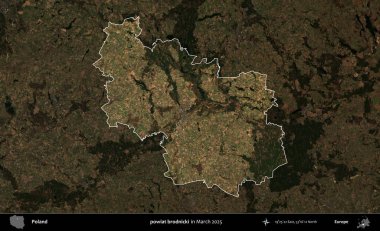 powiat brodnicki. Polonya 'nın idari alanı, Mart 2025' te çekilen Kopernik Nöbetçi karolarından oluşan koyu renkli bir uydu görüntüsü üzerine vurgulandı ve özetlendi