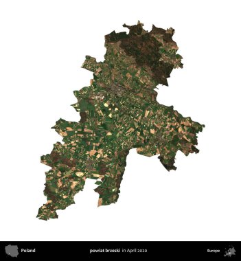 powiat brzeski. Polonya idari bölgesi, Nisan 2020 'de çekilen Kopernik Nöbetçi karolarından oluşan bir uydu görüntüsü üzerinde beyaza izole edildi.
