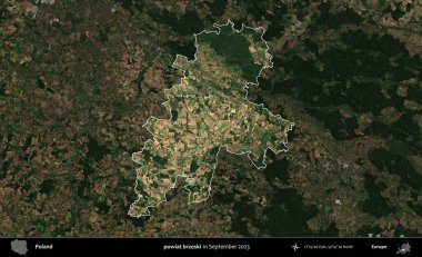 powiat brzeski. Polonya 'nın idari alanı, Eylül 2023' te çekilen Kopernik Nöbetçi karolarından oluşan koyu renkli bir uydu görüntüsü üzerine vurgulandı ve özetlendi.