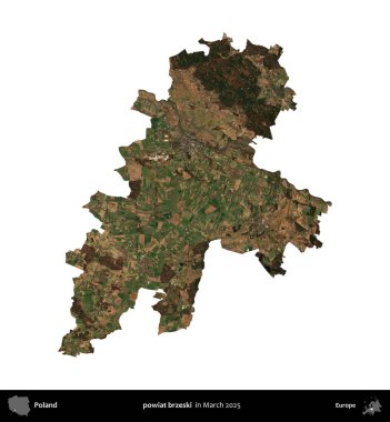 powiat brzeski. Polonya idari bölgesi, Mart 2025 'te çekilen Kopernik Nöbetçi karolarından oluşan bir uydu görüntüsü üzerinde beyaza izole edildi.