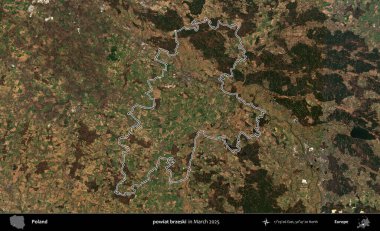 powiat brzeski. Polonya 'nın idari bölgesinin ana hatları, Mart 2025' te çekilen Kopernik Nöbetçi karolarından oluşan bir uydu görüntüsü üzerine çizildi.