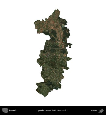 powiat brzeski. Polonya idari bölgesi, Ekim 2018 'de çekilen Kopernik Nöbetçi karolarından oluşan bir uydu görüntüsü üzerinde beyaza izole edildi.