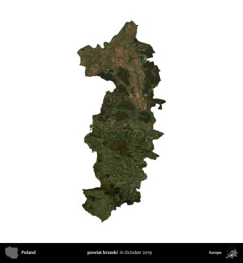powiat brzeski. Polonya idari bölgesi, Ekim 2019 'da çekilen Kopernik Nöbetçi karolarından oluşan bir uydu görüntüsü üzerinde beyaza izole edildi.