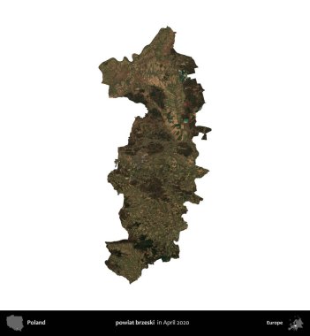 powiat brzeski. Polonya idari bölgesi, Nisan 2020 'de çekilen Kopernik Nöbetçi karolarından oluşan bir uydu görüntüsü üzerinde beyaza izole edildi.