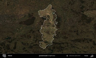 powiat brzeski. Polonya 'nın idari alanı, Nisan 2020' de çekilen Kopernik Nöbetçi karolarından oluşan koyu renkli bir uydu görüntüsü üzerine vurgulandı ve özetlendi