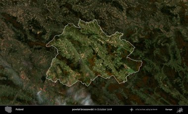 powiat brzozowski. Polonya 'nın idari alanı, Ekim 2018' de çekilen Kopernik Nöbetçi karolarından oluşan koyu renkli bir uydu görüntüsü üzerine vurgulandı ve özetlendi
