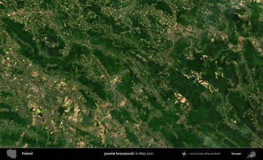 powiat brzozowski. Copernicus Sentinel 'in Mayıs 2021' de çekilmiş uydu görüntüsü üzerine Polonya 'nın idari bölgesi.