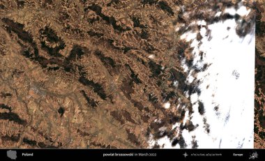 powiat brzozowski. Copernicus Sentinel 'in Mart 2022' de çekilmiş uydu görüntüsü üzerine Polonya 'nın idari bölgesi.
