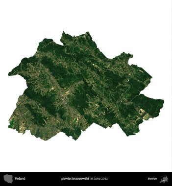 powiat brzozowski. Polonya idari bölgesi, Haziran 2022 'de çekilen Kopernik Nöbetçi karolarından oluşan bir uydu görüntüsü üzerinde beyaza izole edildi.