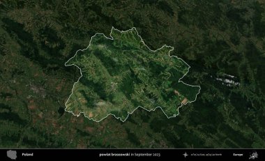 powiat brzozowski. Polonya 'nın idari alanı, Eylül 2023' te çekilen Kopernik Nöbetçi karolarından oluşan koyu renkli bir uydu görüntüsü üzerine vurgulandı ve özetlendi.