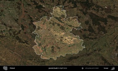 powiat buski. Polonya 'nın idari alanı, Nisan 2020' de çekilen Kopernik Nöbetçi karolarından oluşan koyu renkli bir uydu görüntüsü üzerine vurgulandı ve özetlendi