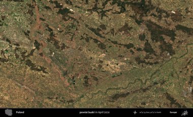 powiat buski. Nisan 2020 'de Copernicus Sentinel karolarından oluşan bir uydu görüntüsü üzerine Polonya' nın idari bölgesi