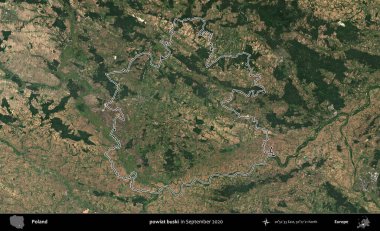 powiat buski. Eylül 2020 'de çekilen Kopernik Nöbetçi karolarından oluşan bir uydu görüntüsü üzerine Polonya' nın idari bölgesinin ana hatlarını çizdim.