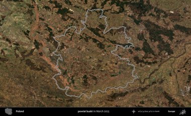 powiat buski. Polonya 'nın idari bölgesinin ana hatları, Mart 2025' te çekilen Kopernik Nöbetçi karolarından oluşan bir uydu görüntüsü üzerine çizildi.