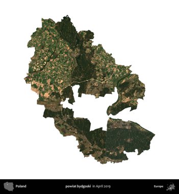 powiat bydgoski. Polonya idari bölgesi, Nisan 2019 'da çekilen Kopernik Nöbetçi karolarından oluşan bir uydu görüntüsü üzerinde beyaza izole edildi.