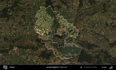 powiat bydgoski. Polonya 'nın idari alanı, Nisan 2019' da çekilen Kopernik Nöbetçi karolarından oluşan koyu renkli bir uydu görüntüsü üzerine vurgulandı ve özetlendi.