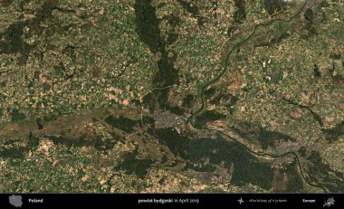 powiat bydgoski. Nisan 2019 'da çekilen Kopernik Sentinel karolarından oluşan bir uydu görüntüsü üzerine Polonya' nın idari bölgesi