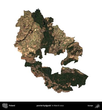 powiat bydgoski. Polonya idari bölgesi, Mart 2022 'de çekilen Kopernik Nöbetçi karolarından oluşan bir uydu görüntüsü üzerinde beyaza izole edildi.