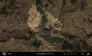 powiat bydgoski. Polonya 'nın idari alanı, Mart 2022' de çekilen Kopernik Nöbetçi karolarından oluşan koyu renkli bir uydu görüntüsü üzerine vurgulandı ve özetlendi.