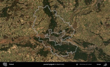 powiat bydgoski. Polonya 'nın idari bölgesinin ana hatları, Mart 2025' te çekilen Kopernik Nöbetçi karolarından oluşan bir uydu görüntüsü üzerine çizildi.