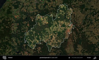 powiat bytowski. Polonya 'nın idari alanı, Haziran 2018' de çekilen Kopernik Nöbetçi karolarından oluşan koyu renkli bir uydu görüntüsüyle vurgulandı ve özetlendi