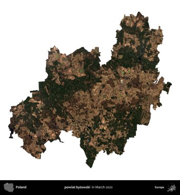 powiat bytowski. Polonya idari bölgesi, Mart 2022 'de çekilen Kopernik Nöbetçi karolarından oluşan bir uydu görüntüsü üzerinde beyaza izole edildi.