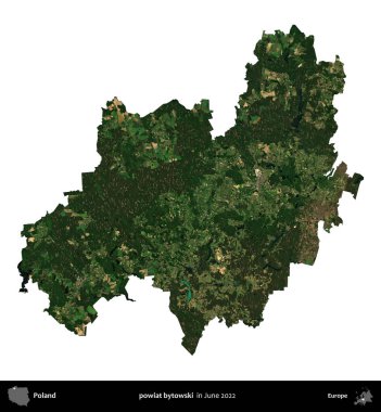 powiat bytowski. Polonya idari bölgesi, Haziran 2022 'de çekilen Kopernik Nöbetçi karolarından oluşan bir uydu görüntüsü üzerinde beyaza izole edildi.
