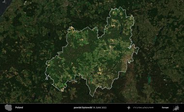 powiat bytowski. Polonya 'nın idari alanı, Haziran 2022' de çekilen Kopernik Nöbetçi karolarından oluşan koyu renkli bir uydu görüntüsü üzerine vurgulandı ve özetlendi.