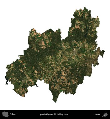 powiat bytowski. Polonya 'nın idari bölgesi, Mayıs 2023' te çekilen Kopernik Nöbetçi Fayanslarından oluşan bir uydu görüntüsüyle beyaza izole edildi.
