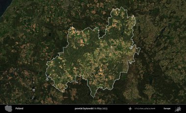 powiat bytowski. Polonya 'nın idari alanı, Mayıs 2023' te çekilen Kopernik Nöbetçi karolarından oluşan koyu renkli bir uydu görüntüsü üzerinde vurgulandı ve özetlendi.